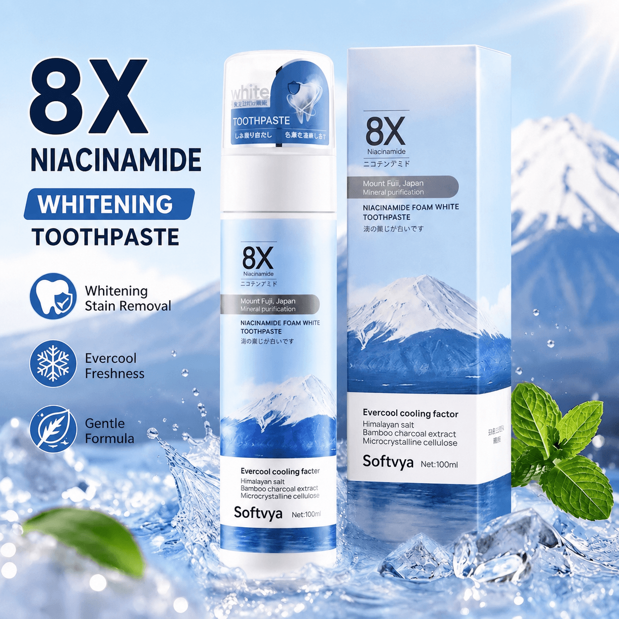 Niacinamide Foaming Whitening Toothpaste 8X - Fresh Breath Stain Removal Gentle Teeth Cleaning 100ml-D